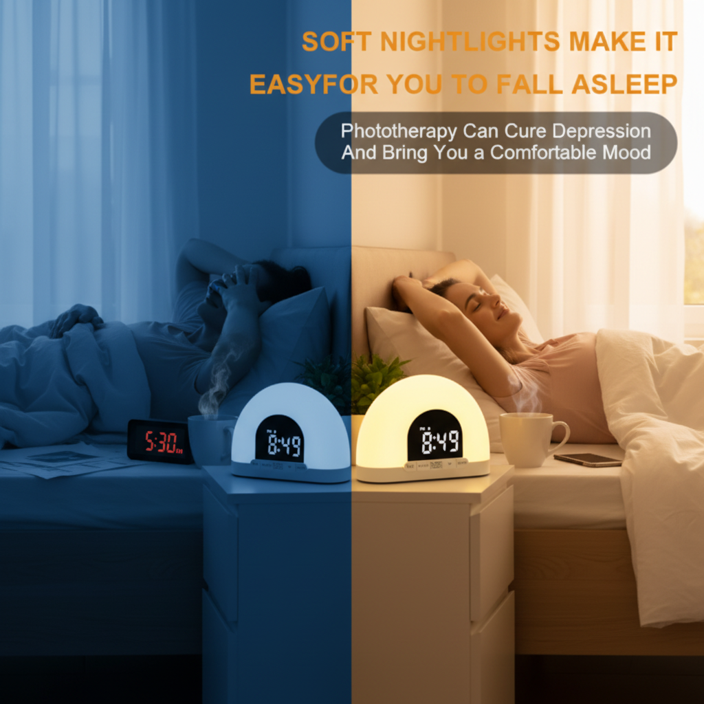 Split image showing stressful cold blue alarm vs calm warm sunrise alarm clock
