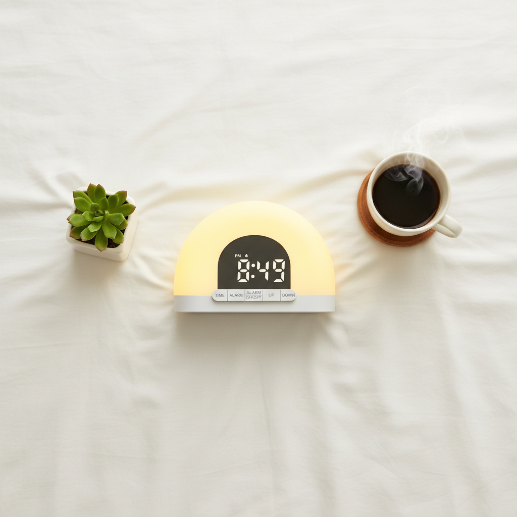 Top-down flat lay of sunrise alarm clock on white linen with coffee and succulent