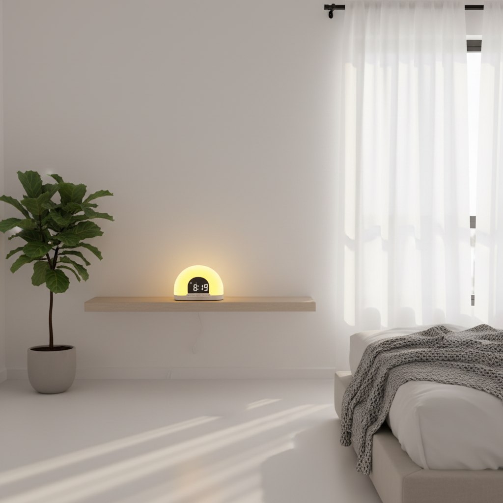 Sunrise alarm clock on a floating shelf in a styled Scandinavian bedroom