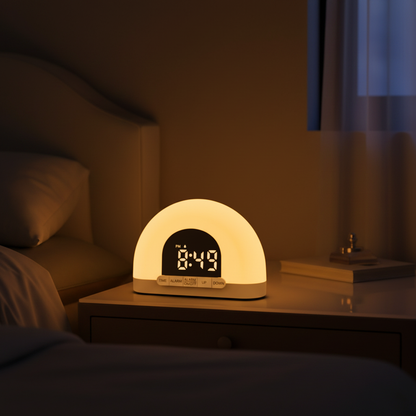 Sunrise alarm clock as the sole warm light source on a dark wood nightstand before dawn