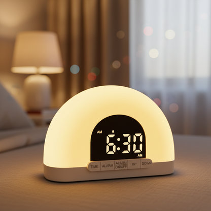 Close-up of sunrise alarm clock display showing 6:30 AM with warm golden glow